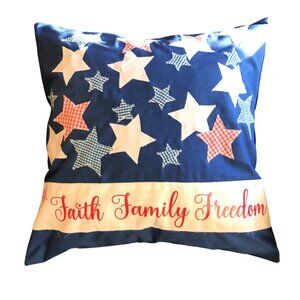 Patriotic Pillow Cover, Patchwork Stars Faith Family Freedom Applique 18 x 18